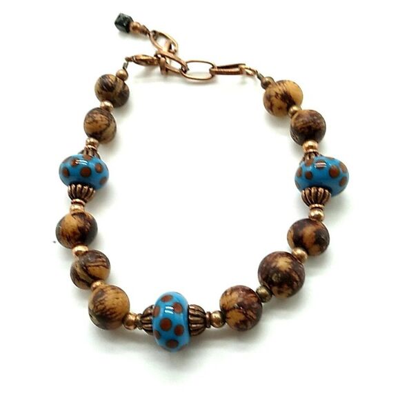 Artisan Koa Bracelet-Anklet Glass Lampwork Beads Copper-tone Spacers & Chain - Picture 4 of 11